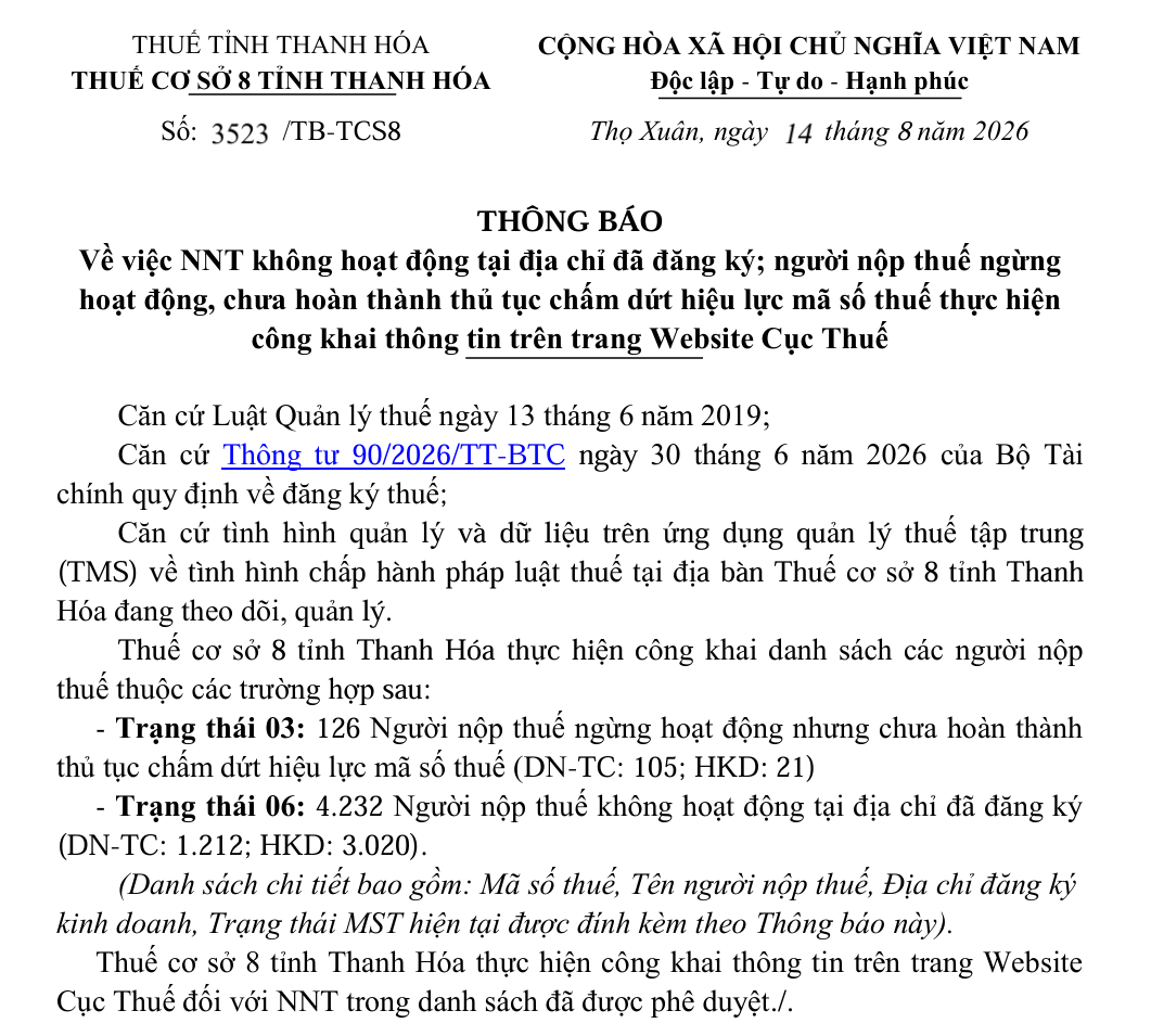 Một phần th&ocirc;ng b&aacute;o của Thuế cơ sở 10 tỉnh Thanh H&oacute;a