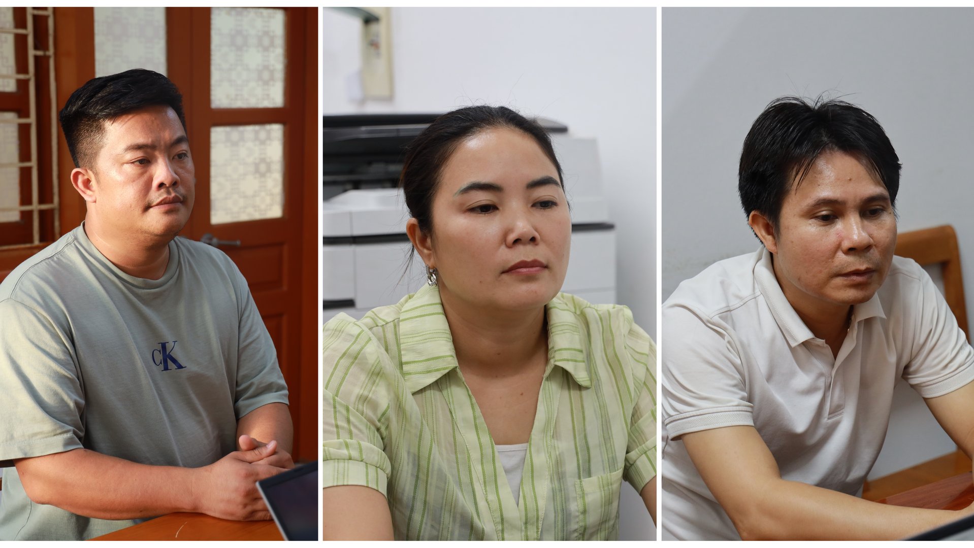 Các bị can (từ trái sang phải): Vũ Hoàng Hải, Bùi Thị Kim Tuyên và Phạm Văn Hà. Các bị can (từ trái sang phải): Vũ Hoàng Hải, Bùi Thị Kim Tuyên và Phạm Văn Hà.