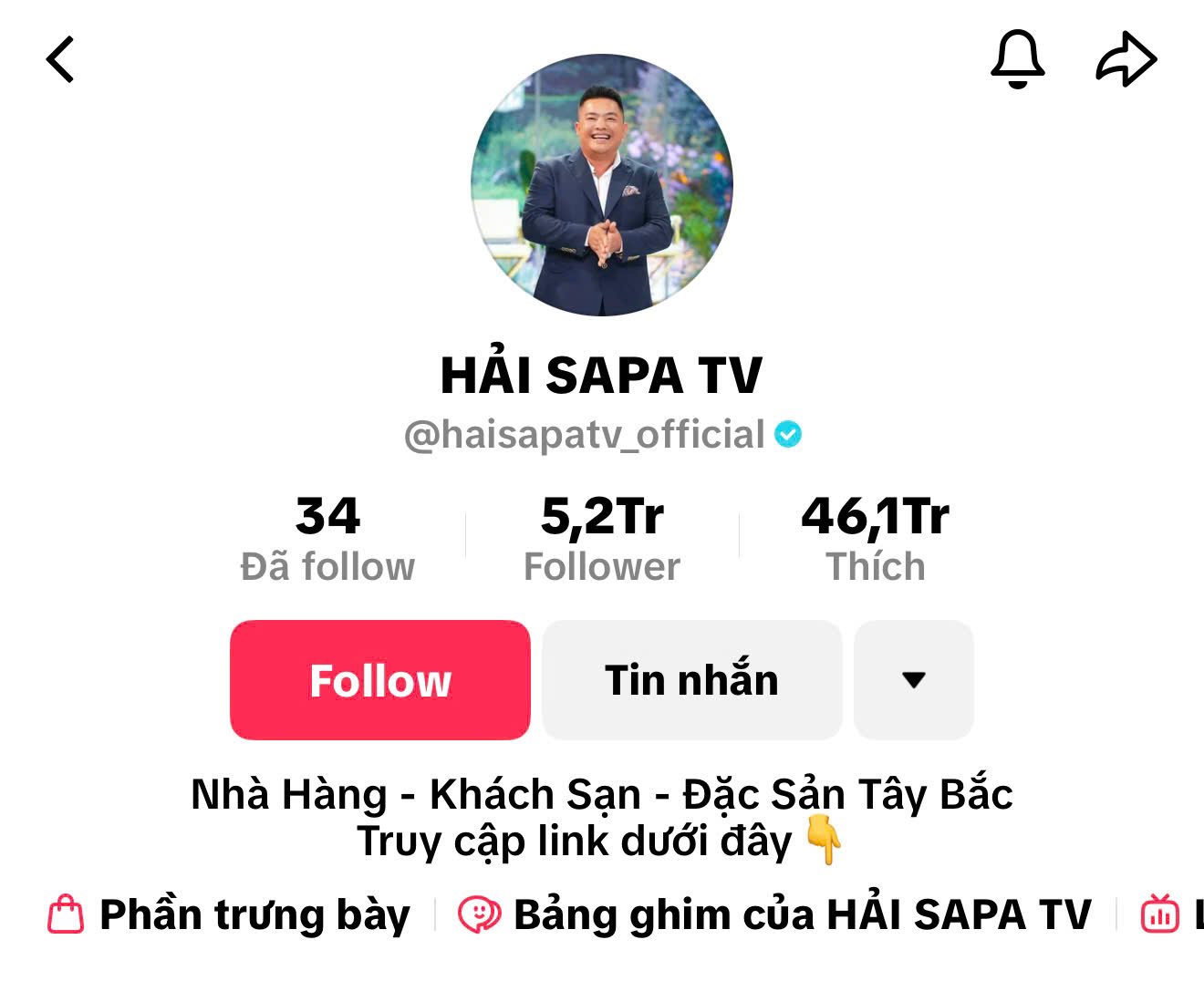 Hải Sapa TV sở hữu kênh TikTok có hơn 5,2 triệu lượt theo dõi, với nội dung chủ yếu về ẩm thực, đời sống và văn hóa vùng cao. Hải Sapa TV sở hữu kênh TikTok có hơn 5,2 triệu lượt theo dõi, với nội dung chủ yếu về ẩm thực, đời sống và văn hóa vùng cao.
