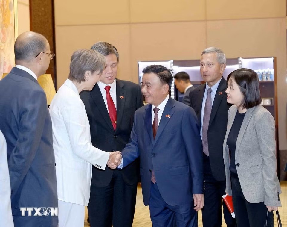 Thường trực Ban B&iacute; thư Trần Cẩm T&uacute; với th&agrave;nh vi&ecirc;n đo&agrave;n Singapore - Ảnh: TTXVN
