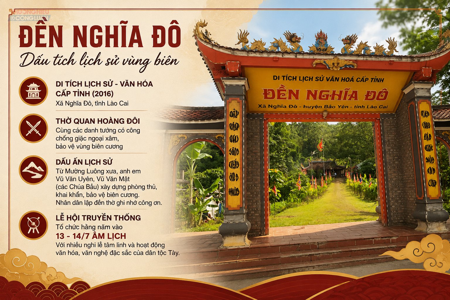 Đền Nghĩa Đô thờ Quan Hoàng Đôi cùng các danh tướng có công chống giặc ngoại xâm, bảo vệ vùng biên cương như Khánh Dương Hậu - Vũ Văn Uyên, Gia Quốc Công - Vũ Văn Mật. Đền Nghĩa Đô thờ Quan Hoàng Đôi cùng các danh tướng có công chống giặc ngoại xâm, bảo vệ vùng biên cương như Khánh Dương Hậu - Vũ Văn Uyên, Gia Quốc Công - Vũ Văn Mật.