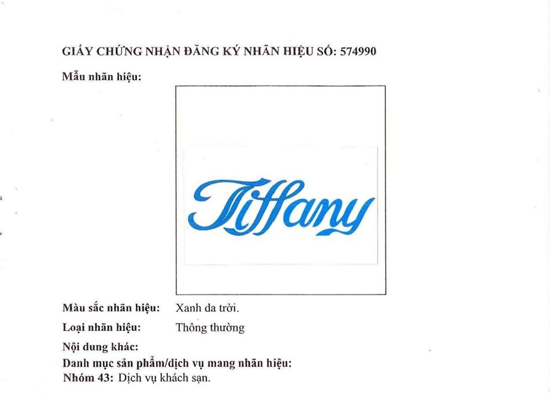 Sau năm năm, khách sạn 3 sao Tiffany ở Phan Thiết đã nhận Giấy chứng nhận đăng ký nhãn hiệu từ Cục Sở hữu trí tuệ. Sau năm năm, khách sạn 3 sao Tiffany ở Phan Thiết đã nhận Giấy chứng nhận đăng ký nhãn hiệu từ Cục Sở hữu trí tuệ.