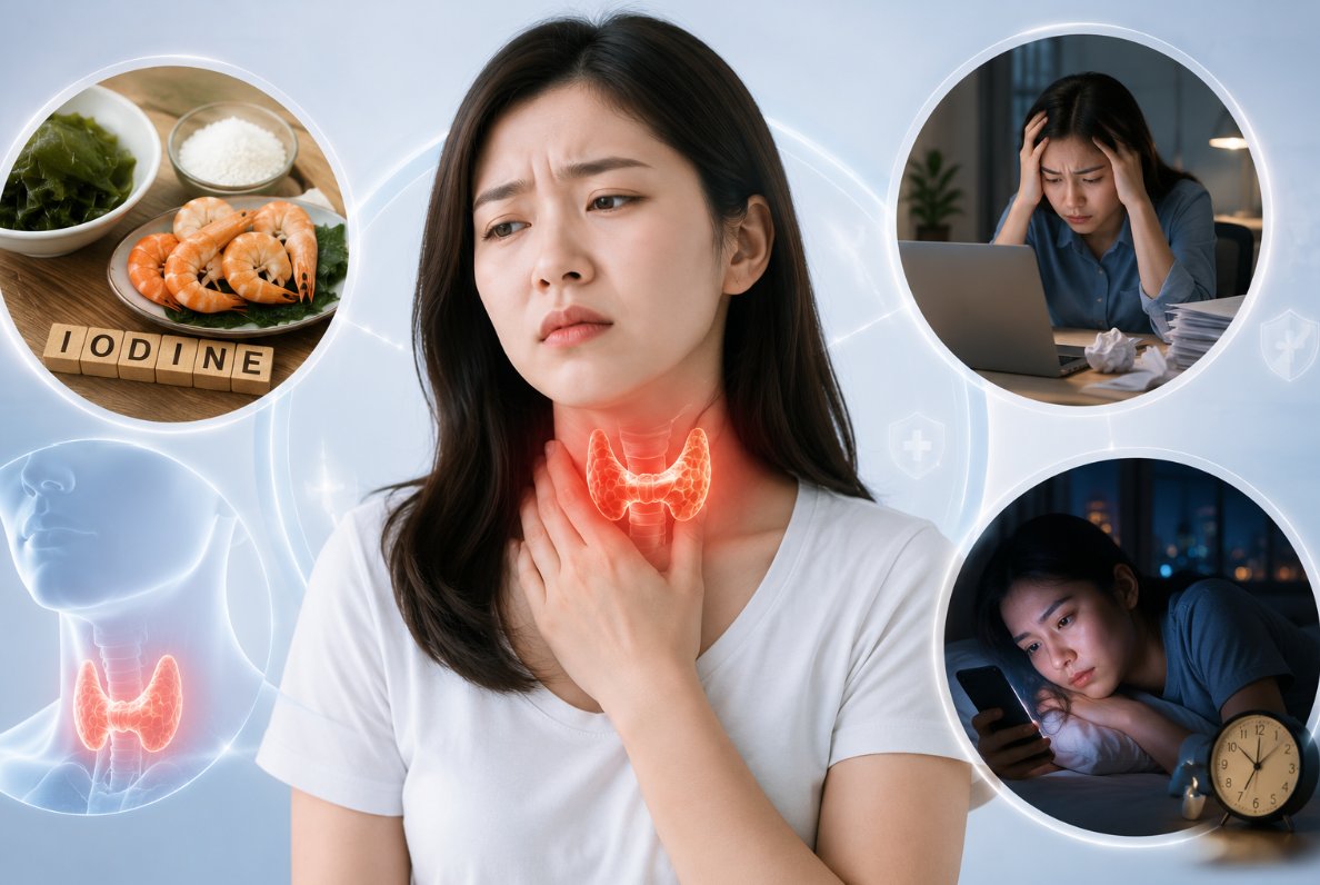 Chế độ ăn thiếu iod, căng thẳng kéo dài và thức khuya là những yếu tố có thể làm tăng nguy cơ mắc bệnh tuyến giáp ở người trẻ Chế độ ăn thiếu iod, căng thẳng kéo dài và thức khuya là những yếu tố có thể làm tăng nguy cơ mắc bệnh tuyến giáp ở người trẻ