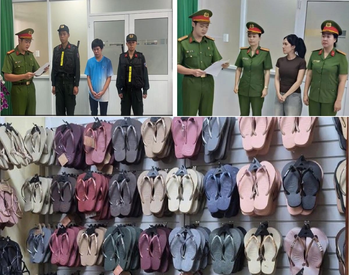 Tang vật thu được, c&ugrave;ng h&igrave;nh ảnh lực lượng chức năng tống đạt quyết định tố tụng đối với c&aacute;c đối tượng. Ảnh: C&ocirc;ng an cung cấp