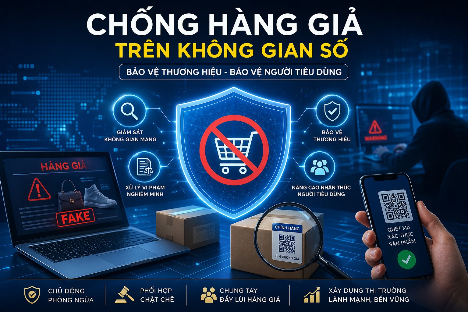 Doanh nghiệp cần tăng cường kiểm soát các kênh phân phối, sàn thương mại điện tử và mạng xã hội để kịp thời phát hiện hành vi giả mạo thương hiệu. Ảnh AI Doanh nghiệp cần tăng cường kiểm soát các kênh phân phối, sàn thương mại điện tử và mạng xã hội để kịp thời phát hiện hành vi giả mạo thương hiệu. Ảnh AI