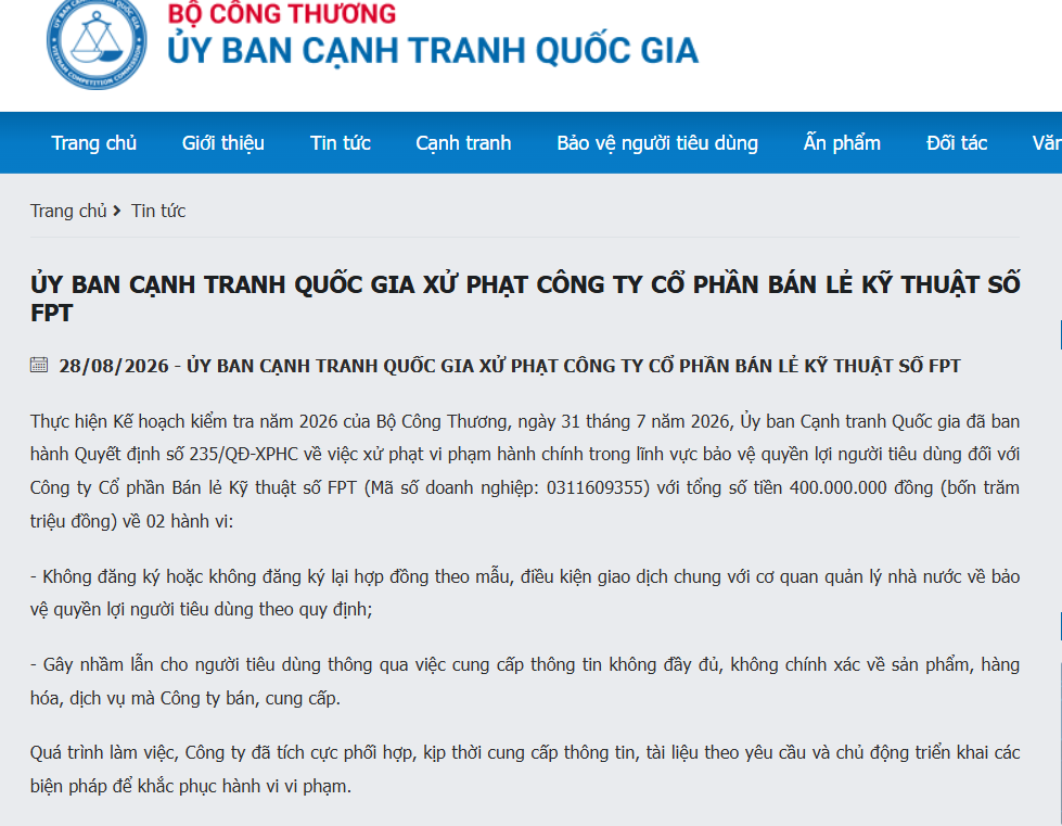 Th&ocirc;ng tin đăng tải của Ủy ban Cạnh tranh Quốc gia, Bộ C&ocirc;ng Thương. Ảnh: Chụp m&agrave;n h&igrave;nh