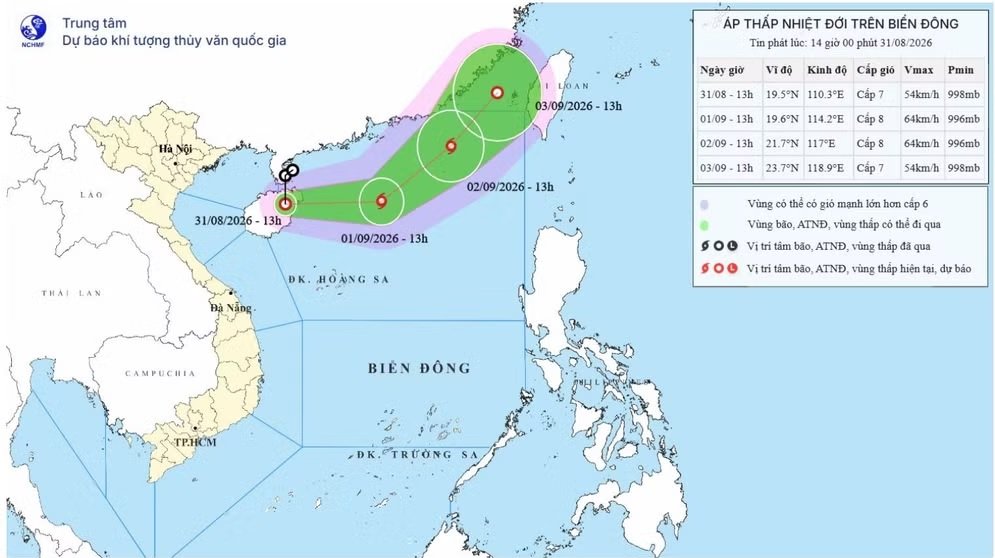 dự b&aacute;o quỹ đạo và cường độ áp thấp nhi&ecirc;̣t đới l&uacute;c 14 giờ chiều 31/8. (Nguồn: Trung t&acirc;m Dự b&aacute;o kh&iacute; tượng thủy văn quốc gia)