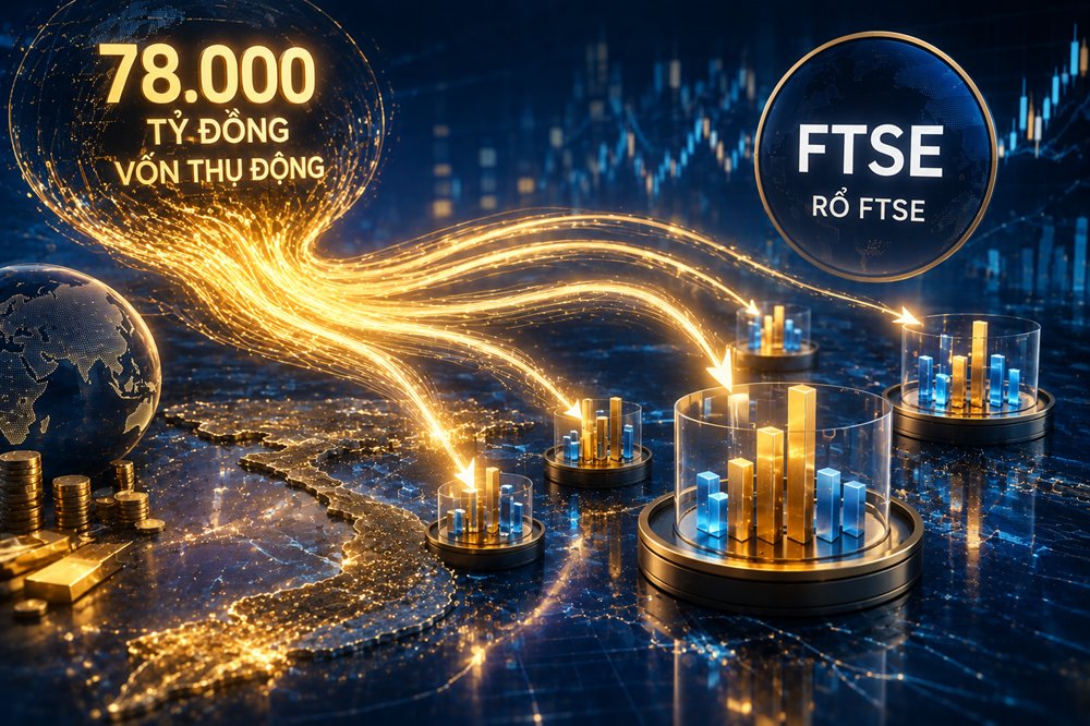 D&ograve;ng vốn thụ động từ c&aacute;c quỹ m&ocirc; phỏng chỉ số FTSE được kỳ vọng tạo th&ecirc;m lực cầu cho chứng kho&aacute;n Việt Nam, nhưng mức độ hưởng lợi sẽ ph&acirc;n h&oacute;a theo tỷ trọng của từng cổ phiếu trong rổ chỉ số. Ảnh AI