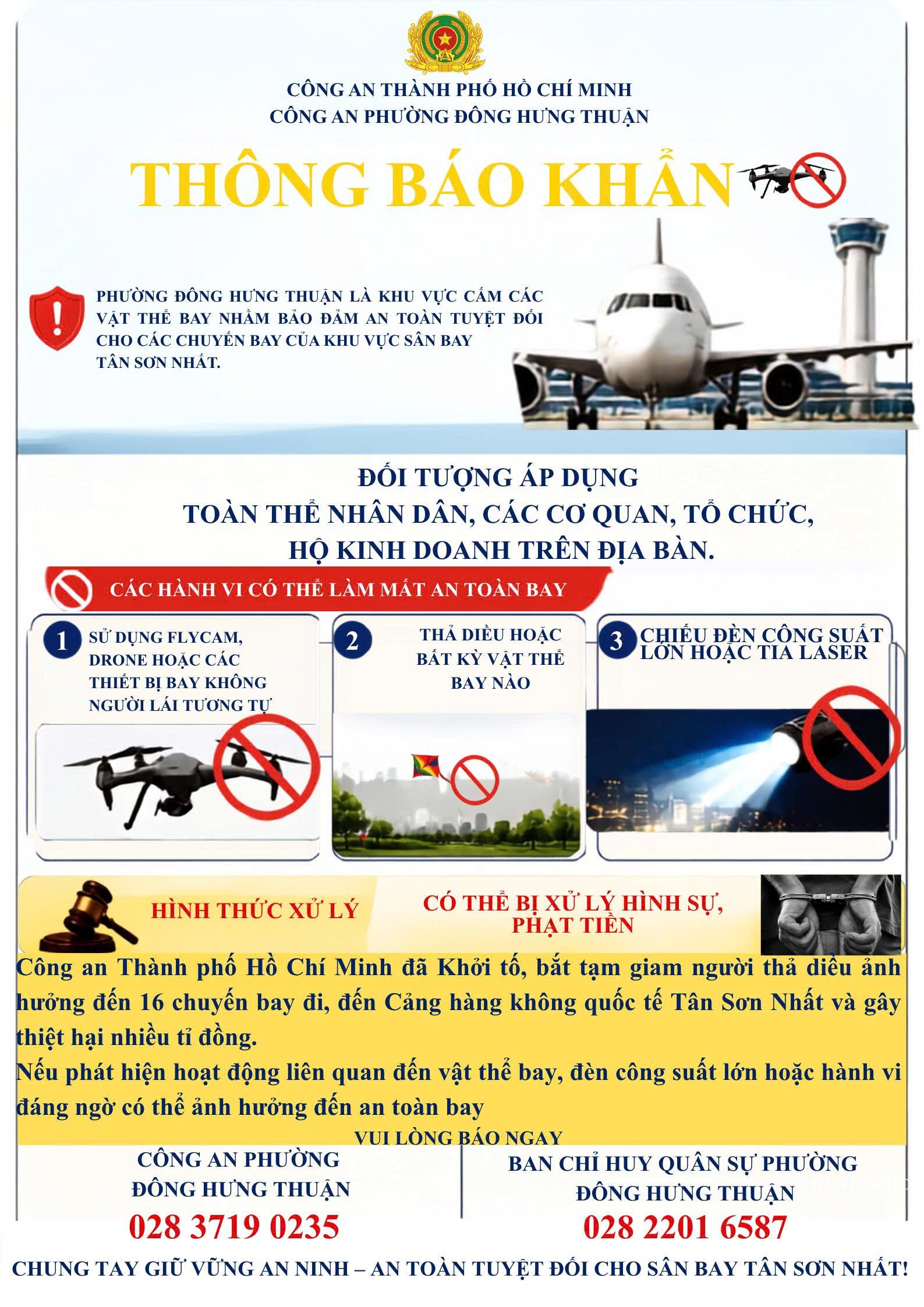 C&ocirc;ng an phường Đ&ocirc;ng Hưng Thuận cảnh b&aacute;o người d&acirc;n kh&ocirc;ng sử dụng flycam, drone, thả diều hoặc chiếu tia laser tại khu vực cấm bay.