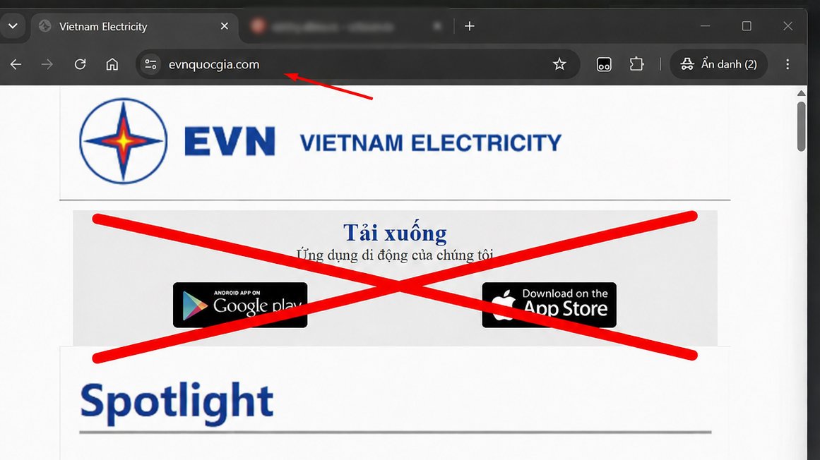 Trang web mạo danh&nbsp;thương hiệu EVN nhằm lừa kh&aacute;ch h&agrave;ng tải v&agrave; c&agrave;i đặt ứng dụng giả mạo mang t&ecirc;n &ldquo;CSKH EVNSPC&rdquo;