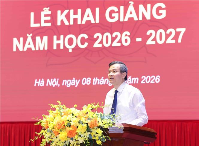 Đồng ch&iacute; Đo&agrave;n Minh Huấn, Uỷ vi&ecirc;n Bộ Ch&iacute;nh trị, Gi&aacute;m đốc Học viện Ch&iacute;nh trị quốc gia Hồ Ch&iacute; Minh đọc diễn văn khai giảng. Ảnh: Phương Hoa/TTXVN