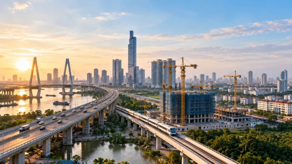 Nhiều dự &aacute;n giao th&ocirc;ng trọng điểm đang được đẩy nhanh thi c&ocirc;ng, g&oacute;p phần chuyển nguồn vốn đầu tư c&ocirc;ng th&agrave;nh năng lực hạ tầng thực tế. Ảnh AI