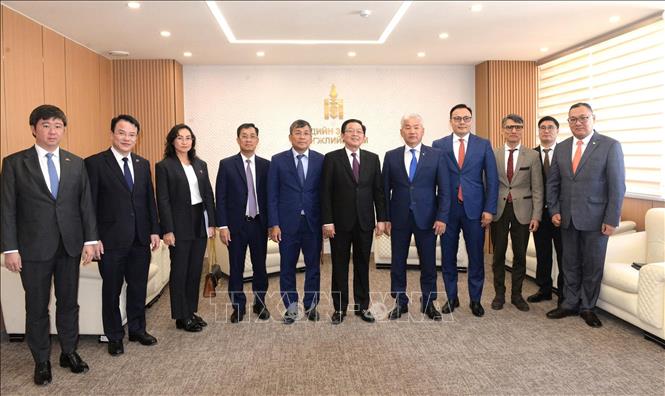 Ph&oacute; Thủ tướng Hồ Quốc Dũng v&agrave; Ph&oacute; Thủ tướng Thường trực, Bộ trưởng Kinh tế v&agrave; Ph&aacute;t triển M&ocirc;ng Cổ Enkhbayar c&ugrave;ng c&aacute;c đại biểu chụp ảnh chung. Ảnh: TTXVN ph&aacute;t