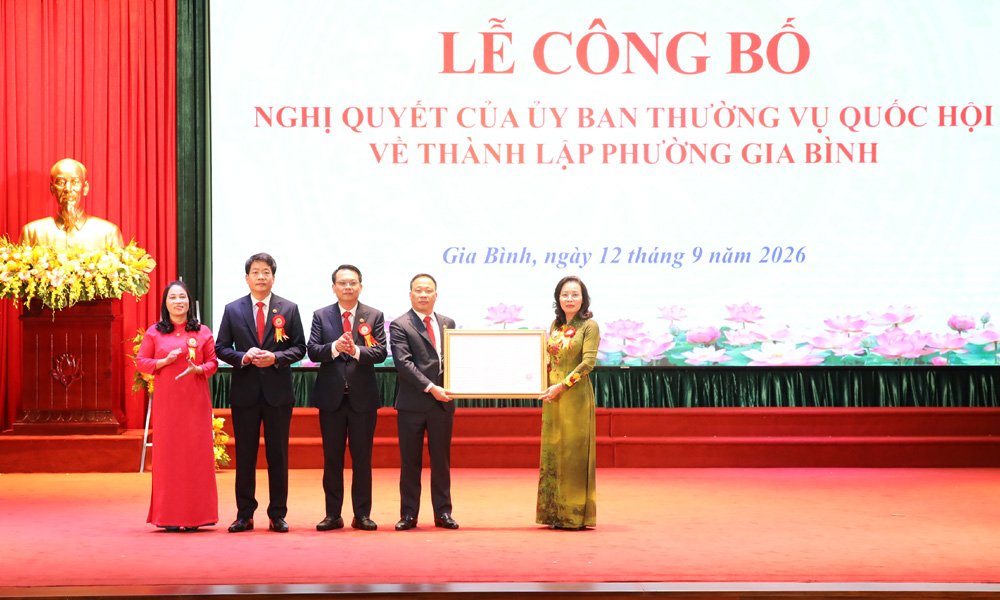 Đồng ch&iacute; Nguyễn Thị Hương, Ph&oacute; B&iacute; thư Thường trực Tỉnh ủy trao Quyết định th&agrave;nh lập phường Gia B&igrave;nh.