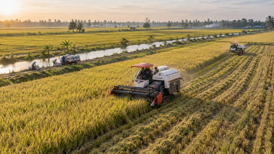 Cơ giới hóa thu hoạch lúa trên vùng sản xuất tập trung, nâng cao năng suất lao động Cơ giới hóa thu hoạch lúa trên vùng sản xuất tập trung, nâng cao năng suất lao động