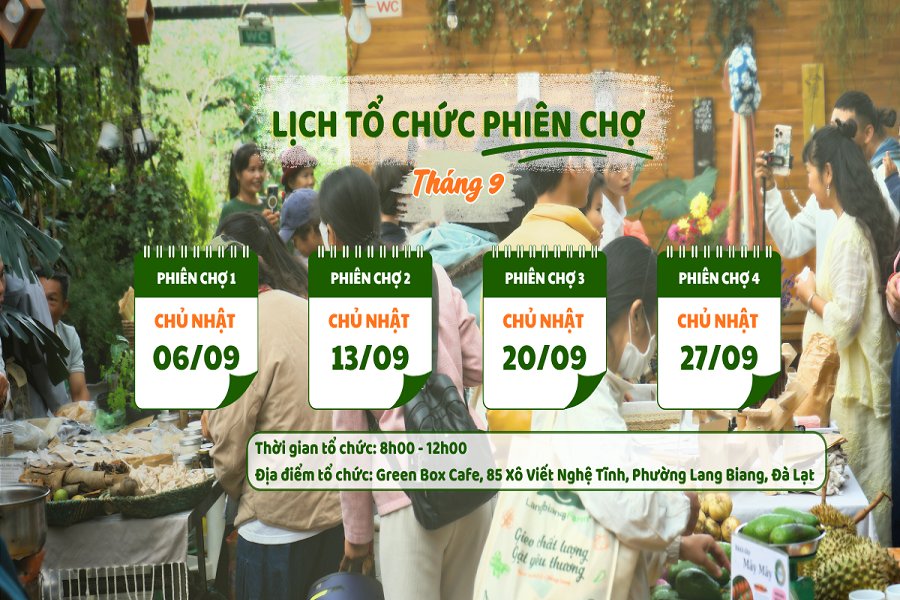 Phiên chợ nông sản hữu cơ được tổ chức đều đặn 2 lần mỗi tháng tại số 85 Xô Viết Nghệ Tĩnh, Phường Lang Biang - Đà Lạt, nơi người mua và người trồng trực tiếp gặp gỡ, trao đổi về sản phẩm. Phiên chợ nông sản hữu cơ được tổ chức đều đặn 2 lần mỗi tháng tại số 85 Xô Viết Nghệ Tĩnh, Phường Lang Biang - Đà Lạt, nơi người mua và người trồng trực tiếp gặp gỡ, trao đổi về sản phẩm.