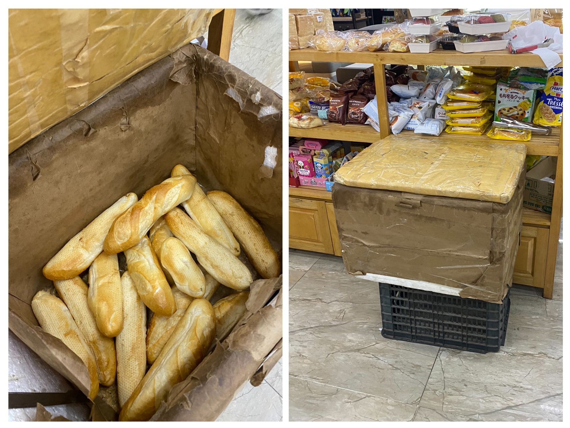 B&aacute;nh m&igrave; được chứa trong th&ugrave;ng xốp tại cơ sở Eco-Mart Ecolife T&acirc;y Hồ; phần vật chứa được quan s&aacute;t kh&ocirc;ng thể hiện th&ocirc;ng tin về nguồn gốc, xuất xứ của sản phẩm