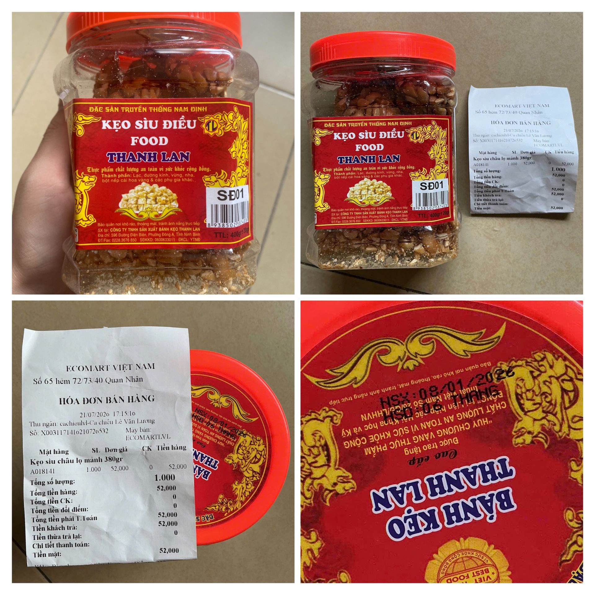 Sản phẩm kẹo hạt điều Food Thanh Lan được ghi nhận vẫn b&agrave;y b&aacute;n tại cơ sở Eco-Mart đường Quan Nh&acirc;n ng&agrave;y 21/7/2026, trong khi bao b&igrave; thể hiện thời hạn sử dụng 6 th&aacute;ng kể từ ng&agrave;y sản xuất 08/01/2026