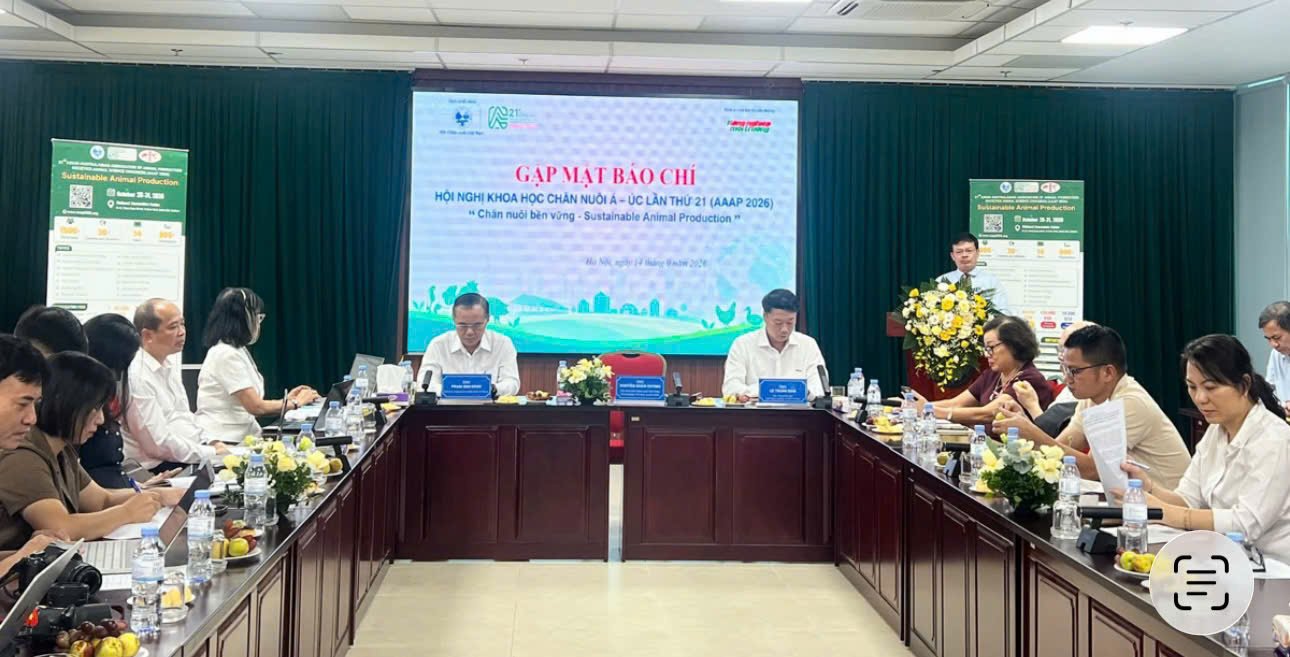 Quang cảnh họp b&aacute;o giới thiệu Hội nghị Khoa học Chăn nu&ocirc;i &Aacute; &ndash; &Uacute;c lần thứ 21 năm 2026.