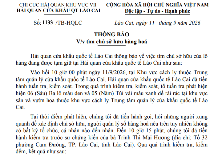 Một phần th&ocirc;ng b&aacute;o số: 133/TB-HQLC của Hải quan cửa khẩu quốc tế L&agrave;o Cai. Ảnh: Chụp m&agrave;n h&igrave;nh
