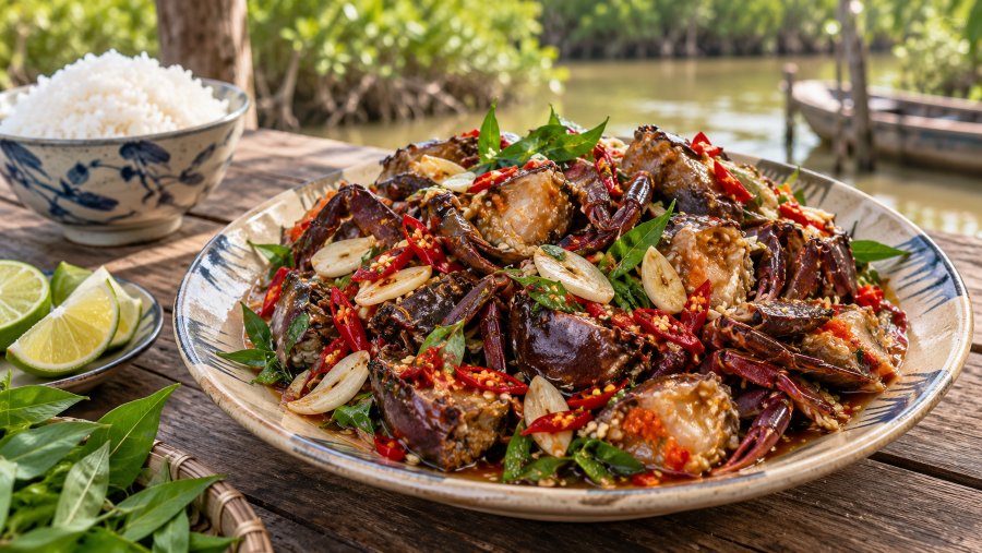 Vị mặn của ba khía hòa với vị chua của chanh, vị cay của ớt và chút ngọt dịu từ đường, tạo thành món ăn dân dã nhưng đặc biệt bắt cơm Vị mặn của ba khía hòa với vị chua của chanh, vị cay của ớt và chút ngọt dịu từ đường, tạo thành món ăn dân dã nhưng đặc biệt bắt cơm