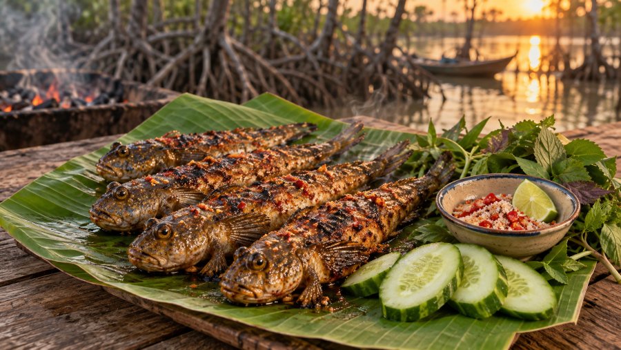 Nếu ba khía gắn với nghề muối truyền thống, cá thòi lòi lại mang dáng vẻ đặc trưng của những bãi bùn ven biển Cà Mau. Nếu ba khía gắn với nghề muối truyền thống, cá thòi lòi lại mang dáng vẻ đặc trưng của những bãi bùn ven biển Cà Mau.