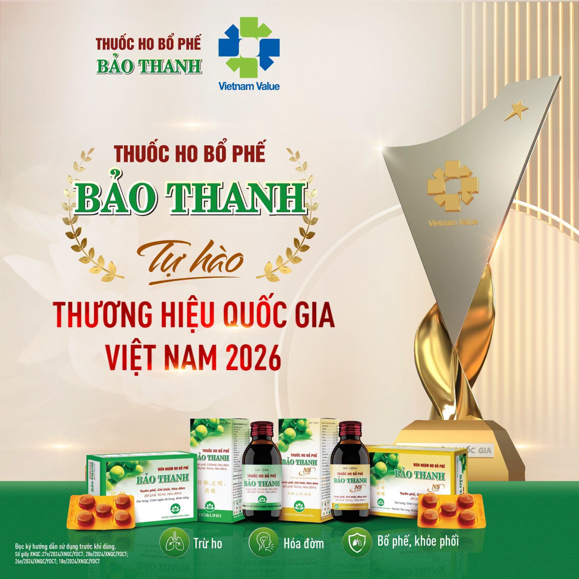 Danh hiệu Thương hiệu Quốc gia năm 2026 v&igrave; thế được xem l&agrave; sự ghi nhận đối với qu&aacute; tr&igrave;nh đầu tư, n&acirc;ng cao chất lượng v&agrave; x&acirc;y dựng uy t&iacute;n của Bảo Thanh trong suốt 20 năm. (Ảnh: Dược phẩm Hoa Linh)