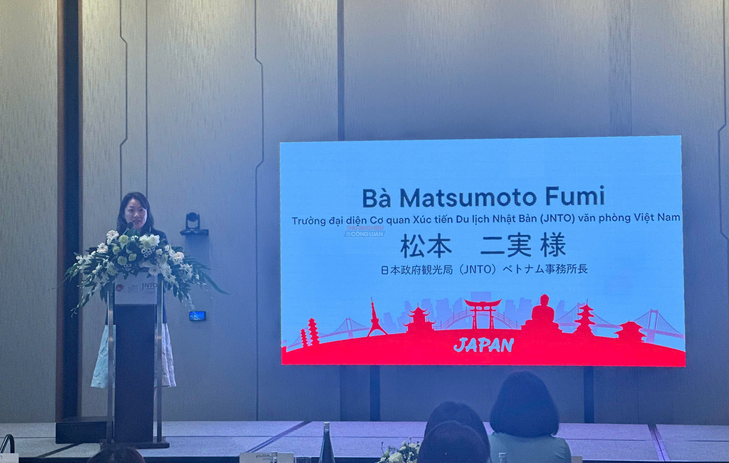 Bà Matsumoto Fumi – Trưởng đại diện Cơ quan Xúc tiến Du lịch Nhật Bản (JNTO) văn phòng Việt Nam phát biểu tại hội thảo. Bà Matsumoto Fumi – Trưởng đại diện Cơ quan Xúc tiến Du lịch Nhật Bản (JNTO) văn phòng Việt Nam phát biểu tại hội thảo.