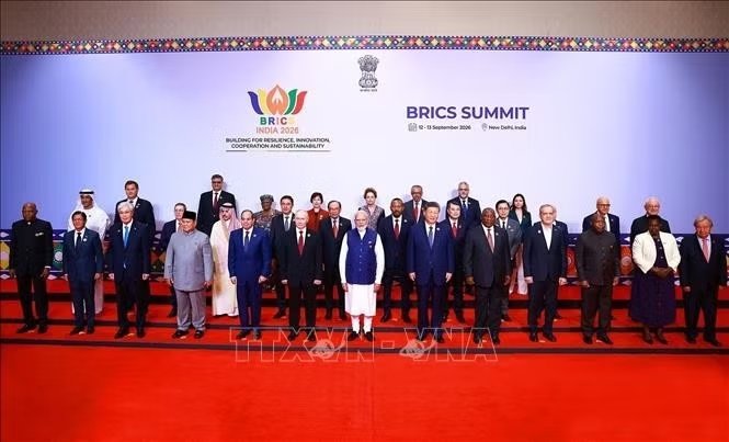 Thủ tướng L&ecirc; Minh Hưng c&ugrave;ng c&aacute;c Trưởng đo&agrave;n tham dự Hội nghị thượng đỉnh BRICS lần thứ 18 tại Ấn Độ. Ảnh: Dương Giang/TTXVN