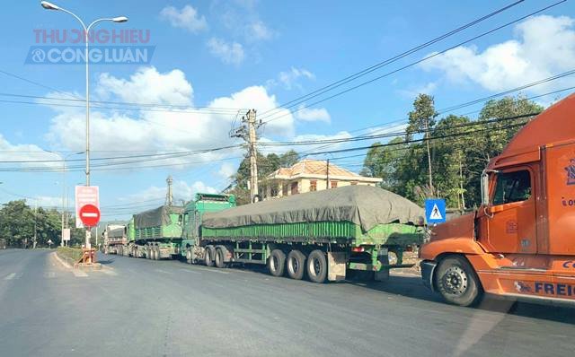 Xe container nối đuôi nhau dài gần 3km, chờ làm thủ tục thông quan. Ảnh: Hoàng Hữu Quyết. Xe container nối đuôi nhau dài gần 3km, chờ làm thủ tục thông quan. Ảnh: Hoàng Hữu Quyết.