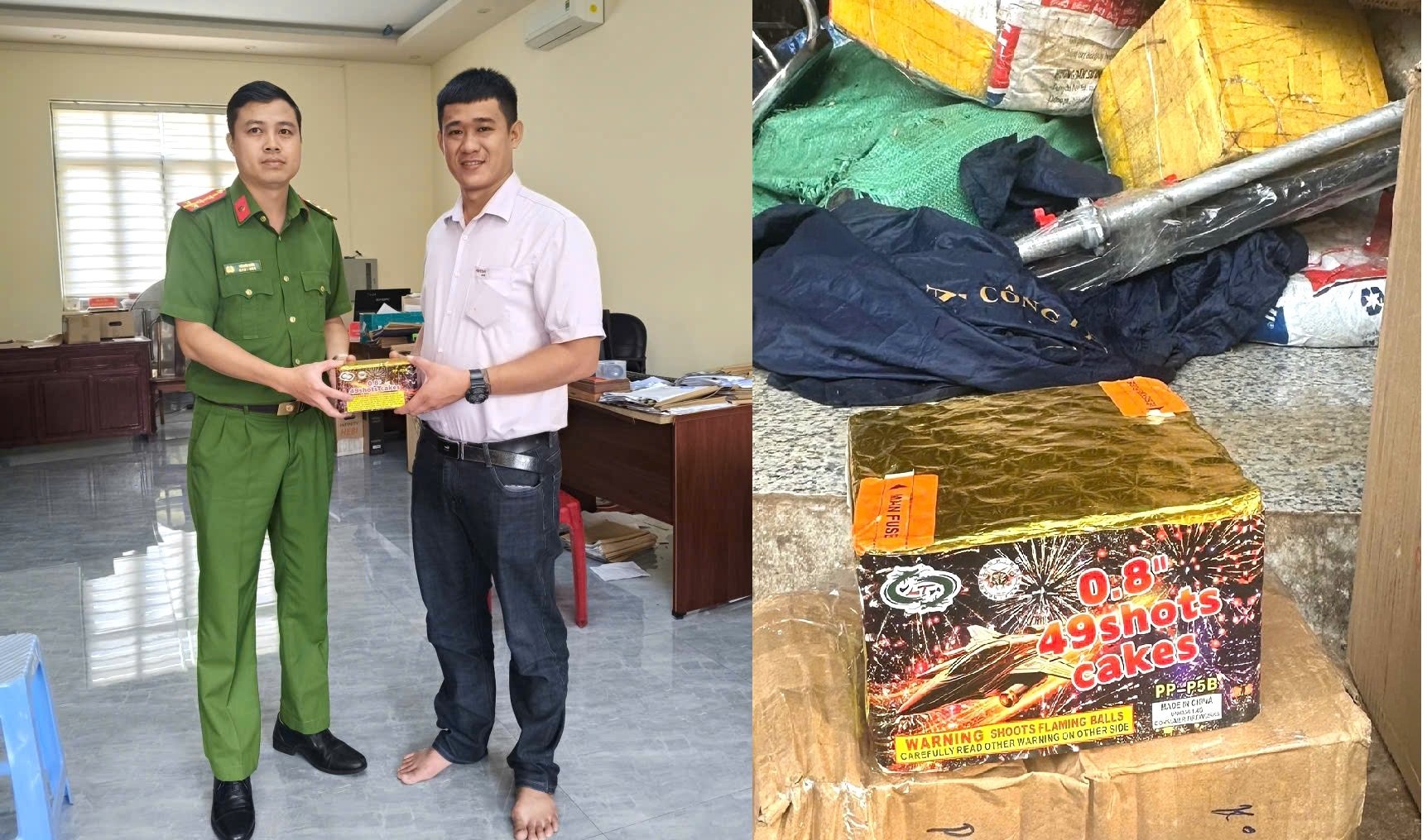 Cán bộ Công an xã Thiện Hưng tiếp nhận kiện hàng (nghi là pháo) để xử lý theo quy định. Ảnh: Công an xã Thiện Hưng Cán bộ Công an xã Thiện Hưng tiếp nhận kiện hàng (nghi là pháo) để xử lý theo quy định. Ảnh: Công an xã Thiện Hưng