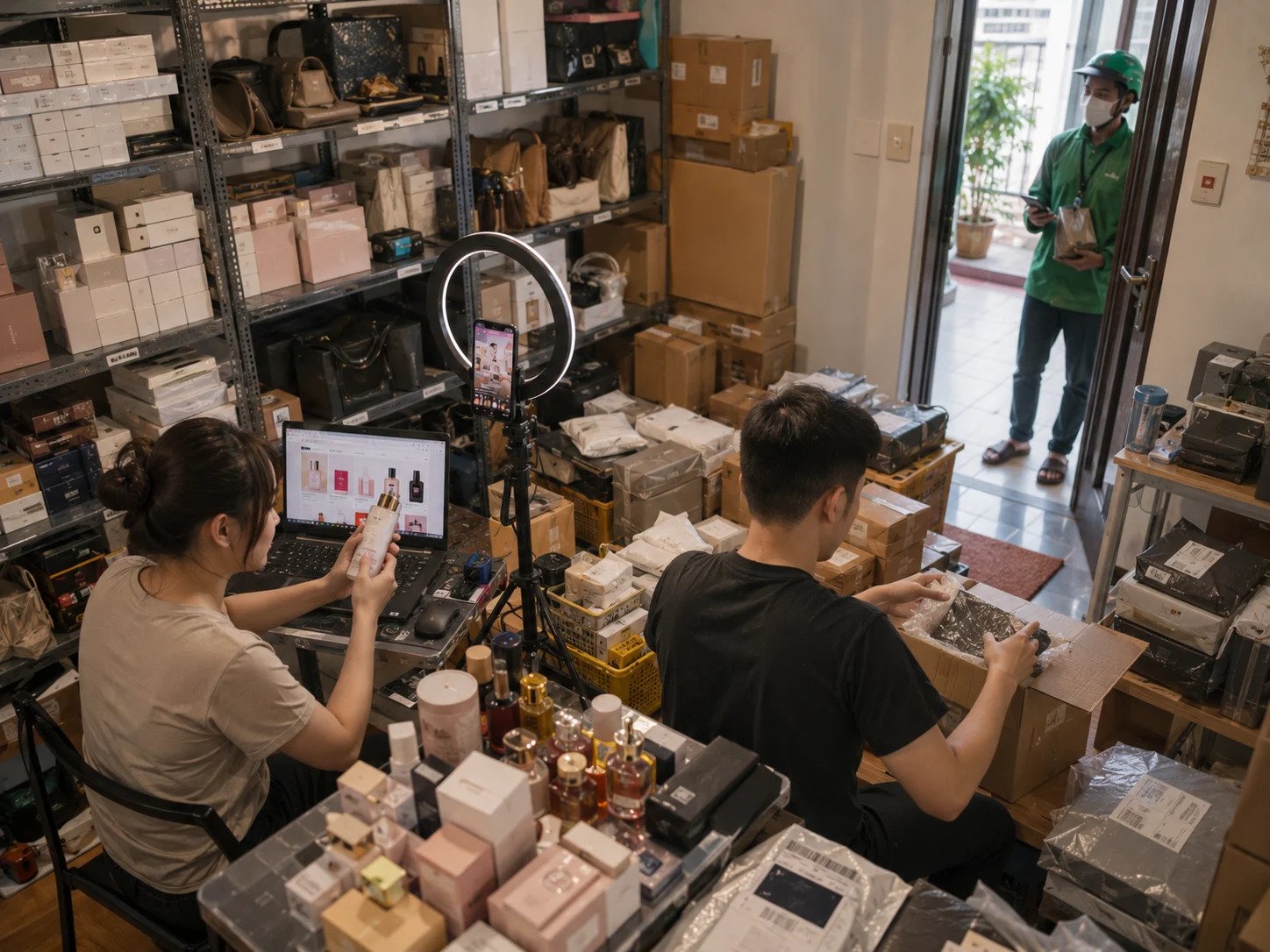 Nhiều căn hộ được tận dụng l&agrave;m kho chứa, nơi livestream v&agrave; đ&oacute;ng g&oacute;i h&agrave;ng h&oacute;a b&aacute;n qua mạng (Ảnh minh họa: ChatGPT)