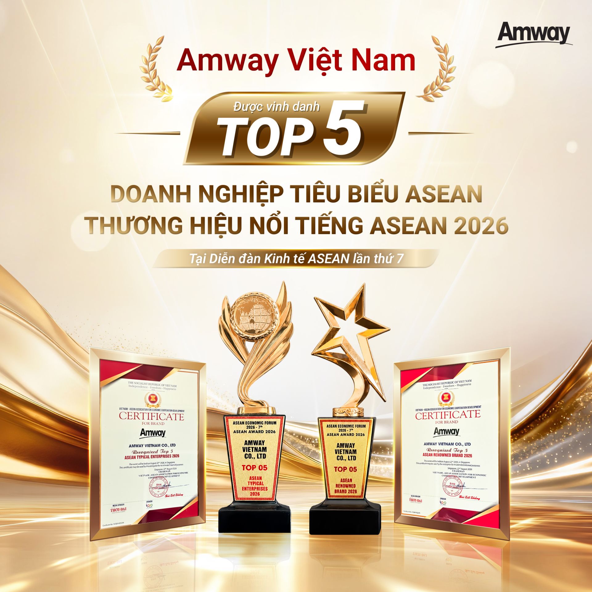 Amway Việt Nam được vinh danh ở hai hạng mục: Top 5 Doanh nghiệp ti&ecirc;u biểu ASEAN v&agrave; Top 5 Thương hiệu/ sản phẩm nổi tiếng ASEAN