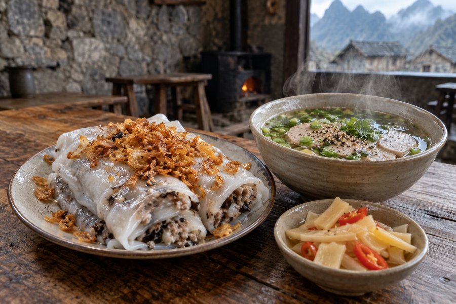Bánh cuốn Đồng Văn được thưởng thức cùng bát nước xương nóng, tạo nên hương vị riêng giữa cao nguyên đá. Bánh cuốn Đồng Văn được thưởng thức cùng bát nước xương nóng, tạo nên hương vị riêng giữa cao nguyên đá.