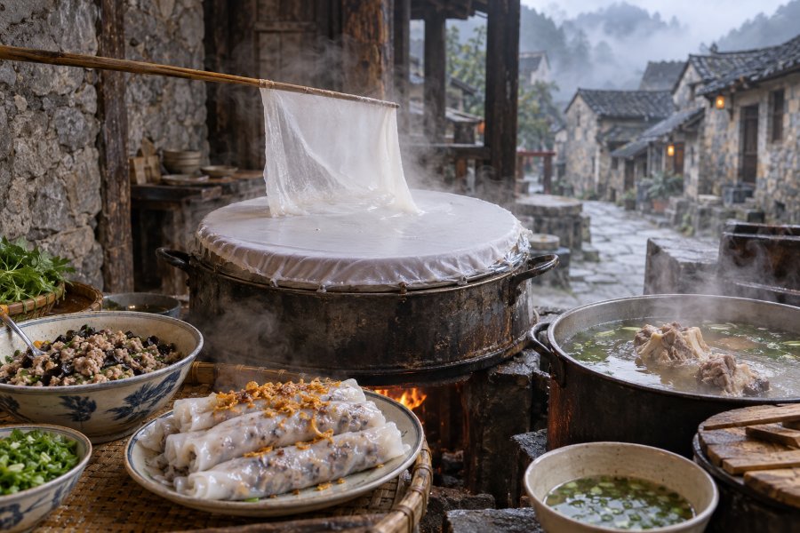 Bánh được tráng trực tiếp trên nồi hơi, dùng kèm nước xương hầm nóng và nhân thịt băm, mộc nhĩ Bánh được tráng trực tiếp trên nồi hơi, dùng kèm nước xương hầm nóng và nhân thịt băm, mộc nhĩ