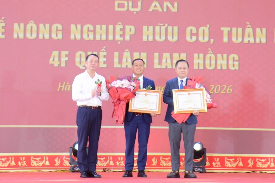 Chủ tịch UBND tỉnh H&agrave; Tĩnh Phan Thi&ecirc;n Định trao Bằng khen của UBND tỉnh cho l&atilde;nh đạo Tập đo&agrave;n Quế L&acirc;m
