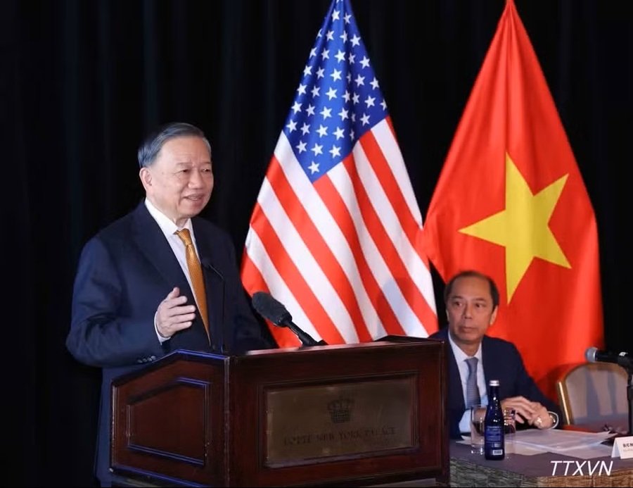 Tổng B&iacute; thư, Chủ tịch nước T&ocirc; L&acirc;m ph&aacute;t biểu tại buổi gặp gỡ c&aacute;c chuy&ecirc;n gia, tr&iacute; thức người Việt Nam tại Hoa Kỳ. (Ảnh: TTXVN)