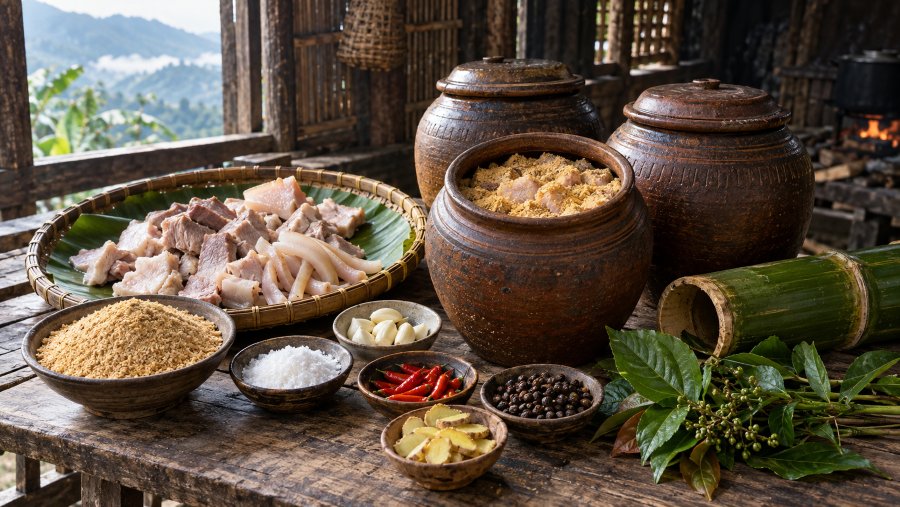 Thịt lợn bản được phối trộn với thính gạo và gia vị địa phương trước khi nén chặt, ủ kín trong chum để tạo vị chua thanh đặc trưng Thịt lợn bản được phối trộn với thính gạo và gia vị địa phương trước khi nén chặt, ủ kín trong chum để tạo vị chua thanh đặc trưng