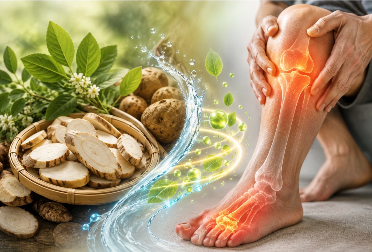 Sản phẩm c&oacute; th&agrave;nh phần ch&iacute;nh từ trạch tả hỗ trợ đ&agrave;o thải acid uric v&agrave; giảm sưng đau khớp ở người bệnh g&uacute;t.