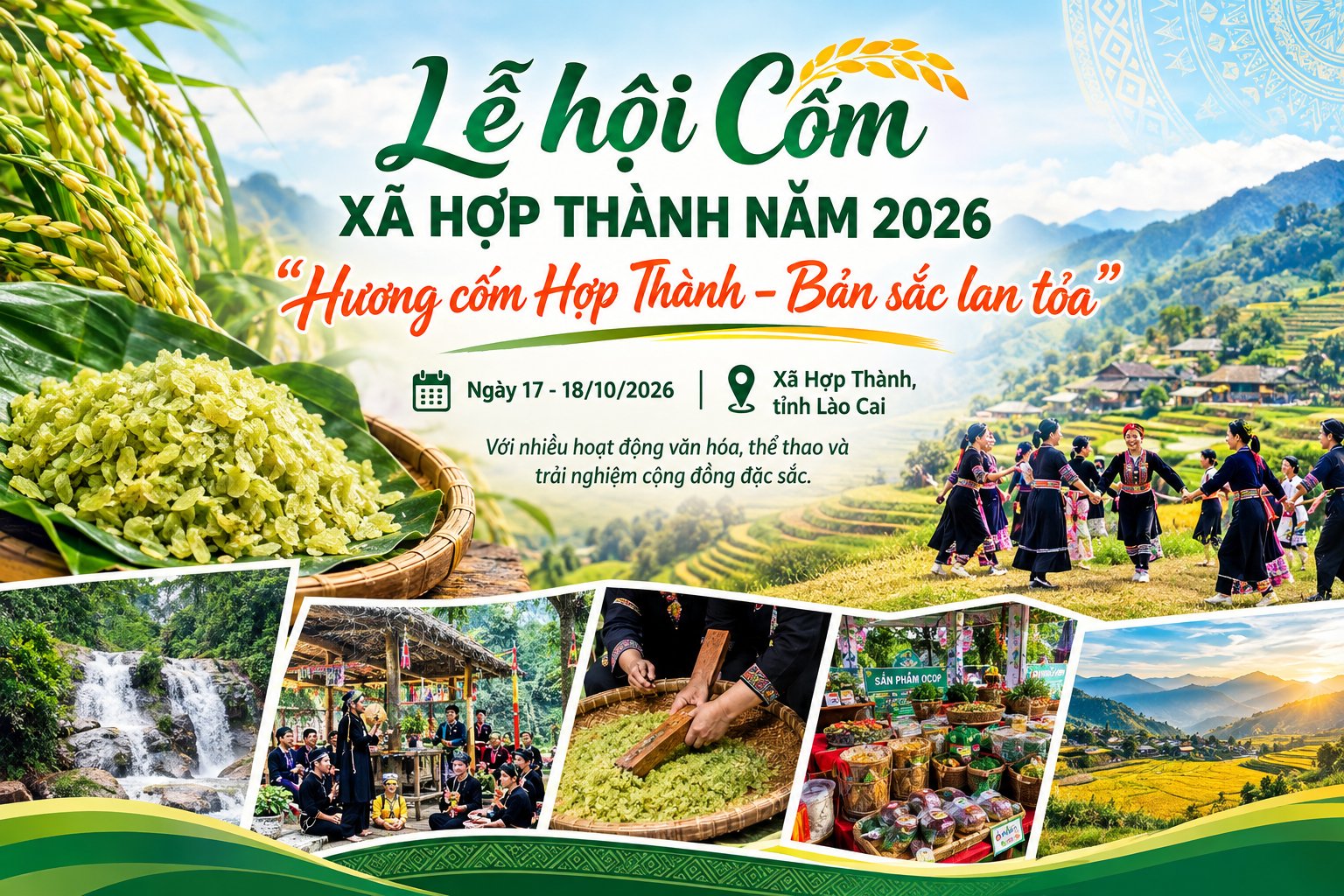 Với chủ đề “Hương cốm Hợp Thành – Bản sắc lan tỏa”, Lễ hội Cốm xã Hợp Thành năm 2026 sẽ mang đến nhiều hoạt động trải nghiệm văn hóa truyền thống, ẩm thực và du lịch cộng đồng Với chủ đề “Hương cốm Hợp Thành – Bản sắc lan tỏa”, Lễ hội Cốm xã Hợp Thành năm 2026 sẽ mang đến nhiều hoạt động trải nghiệm văn hóa truyền thống, ẩm thực và du lịch cộng đồng
