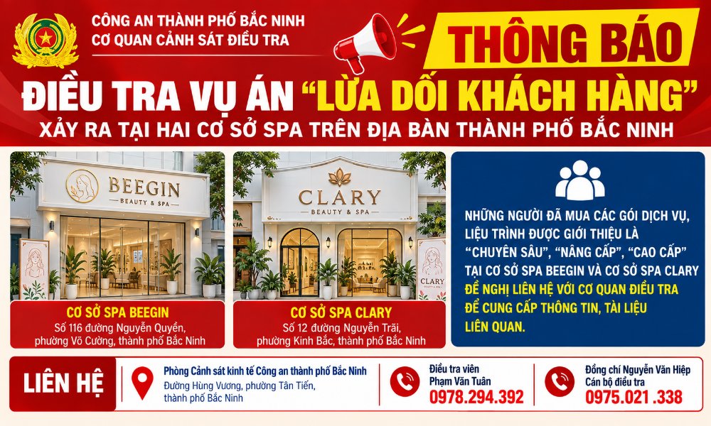 Công an thành phố Bắc Ninh thông báo điều tra vụ án lừa dối khách hàng. Công an thành phố Bắc Ninh thông báo điều tra vụ án lừa dối khách hàng.