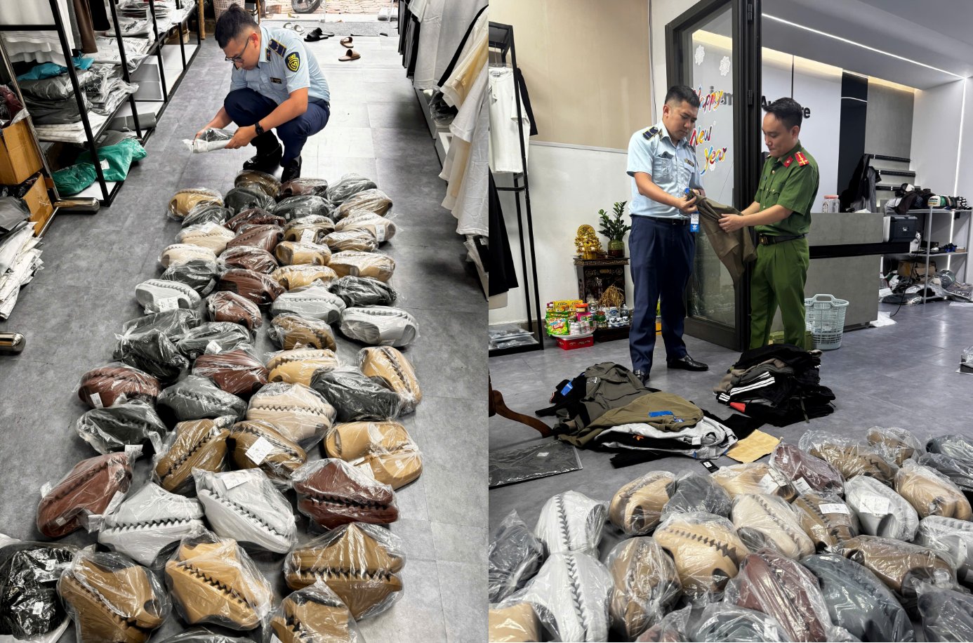 Cơ quan chức năng kiểm tra, xử l&yacute; h&agrave;ng h&oacute;a c&oacute; dấu hiệu giả mạo nh&atilde;n hiệu trong đợt cao điểm chống h&agrave;ng giả năm 2026.