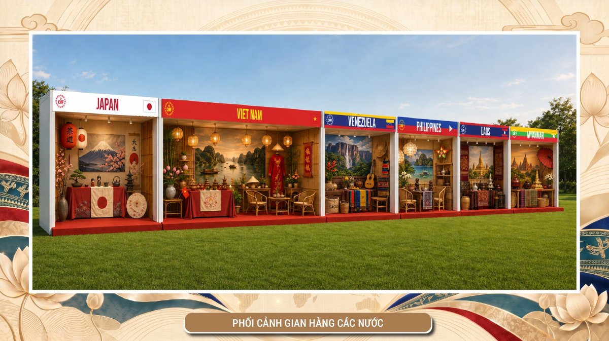 Phối cảnh c&aacute;c kh&ocirc;ng gian trưng b&agrave;y văn h&oacute;a quốc tế tại Lễ hội Văn h&oacute;a Thế giới tại H&agrave; Nội 2026. Ảnh: BTC.