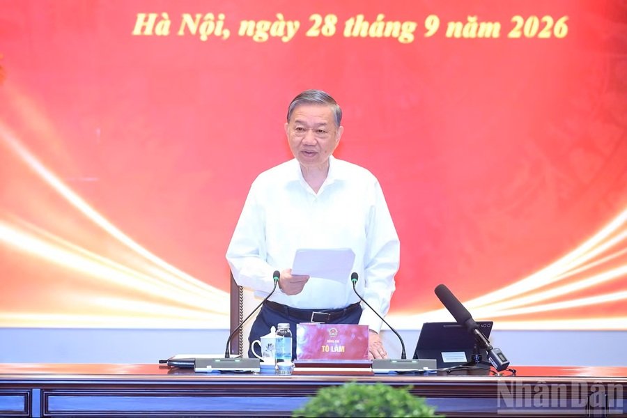 Tổng B&iacute; thư, Chủ tịch nước T&ocirc; L&acirc;m ph&aacute;t biểu tại Phi&ecirc;n họp th&aacute;ng 9 năm 2026 của Thường trực Ban Chỉ đạo Trung ương về ho&agrave;n thiện thể chế v&agrave; thực thi ph&aacute;p luật. (Ảnh: ĐĂNG KHOA)