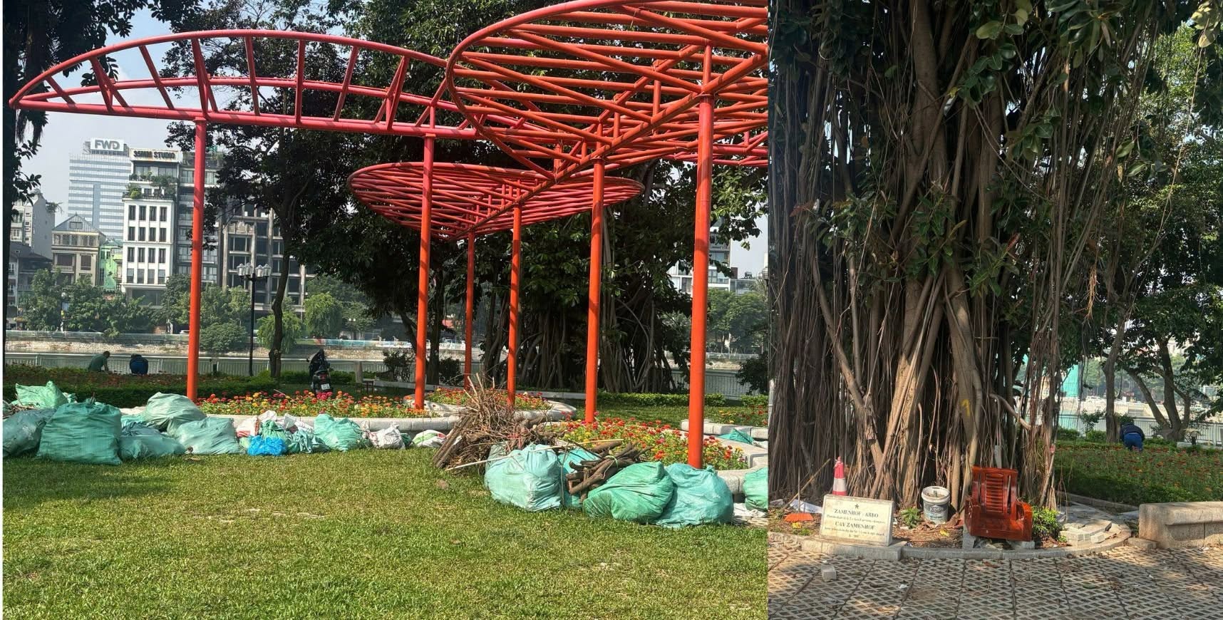 R&aacute;c, c&agrave;nh c&acirc;y sau thu gom c&ograve;n tập kết tại khu vực ven hồ, ảnh hưởng đến cảnh quan v&agrave; vệ sinh m&ocirc;i trường.