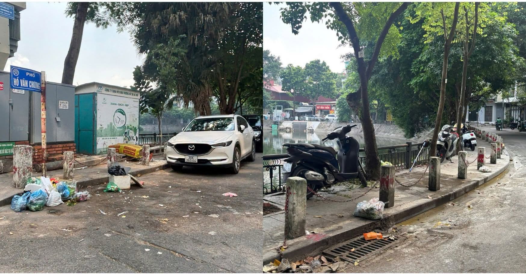R&aacute;c thải xuất hiện tại một số vị tr&iacute; quanh hồ Văn Chương, trong khi vỉa h&egrave; c&ograve;n t&igrave;nh trạng để phương tiện, ảnh hưởng đến kh&ocirc;ng gian đi bộ của người d&acirc;n.
