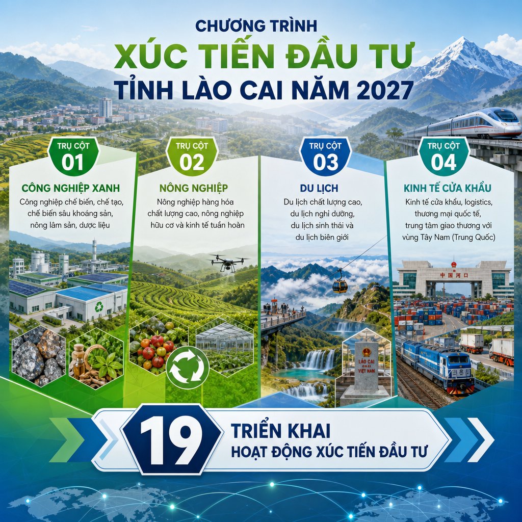 L&agrave;o Cai tập trung x&uacute;c tiến, thu h&uacute;t đầu tư theo 4 trụ cột ph&aacute;t triển; triển khai 19 hoạt động trọng t&acirc;m trong năm 2027