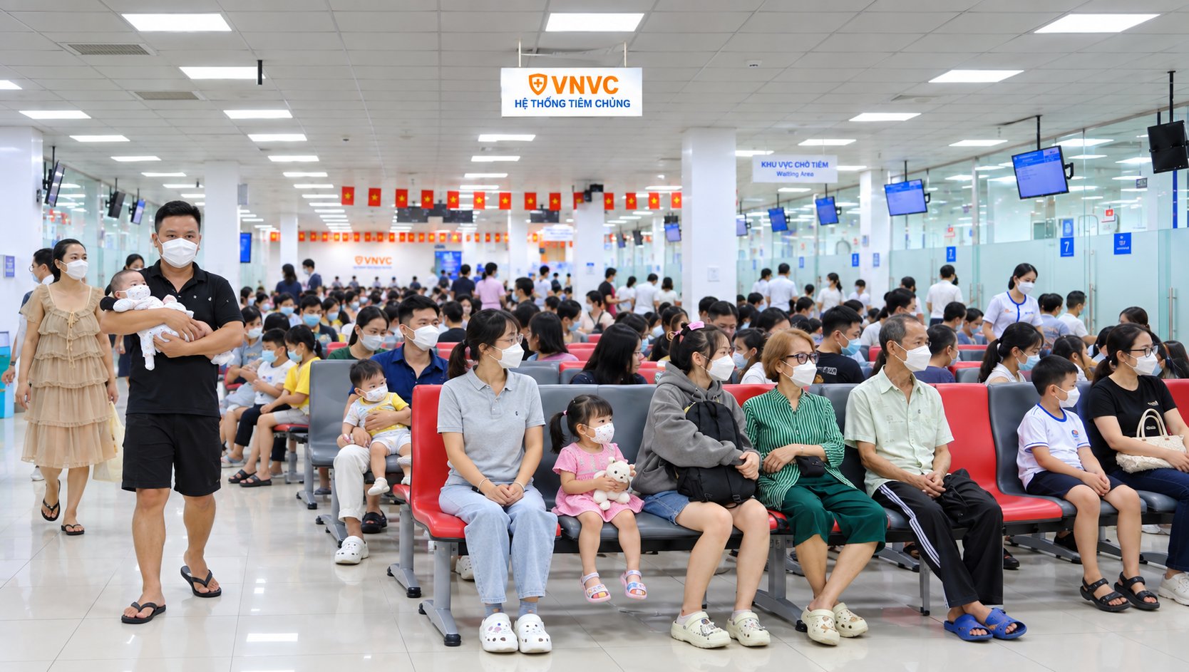 C&aacute;c phụ huynh tranh thủ đưa con đến trung t&acirc;m VNVC để ti&ecirc;m vắc xin tay ch&acirc;n miệng trong những ng&agrave;y đầu ra mắt. Ảnh: Anh Tuấn
