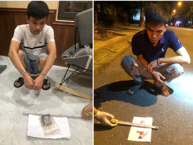 Đối tượng Nguyễn Trung Giang v&agrave; Đinh Hữu To&agrave;n c&ugrave;ng tang vật thu giữ được trong vụ &aacute;n.