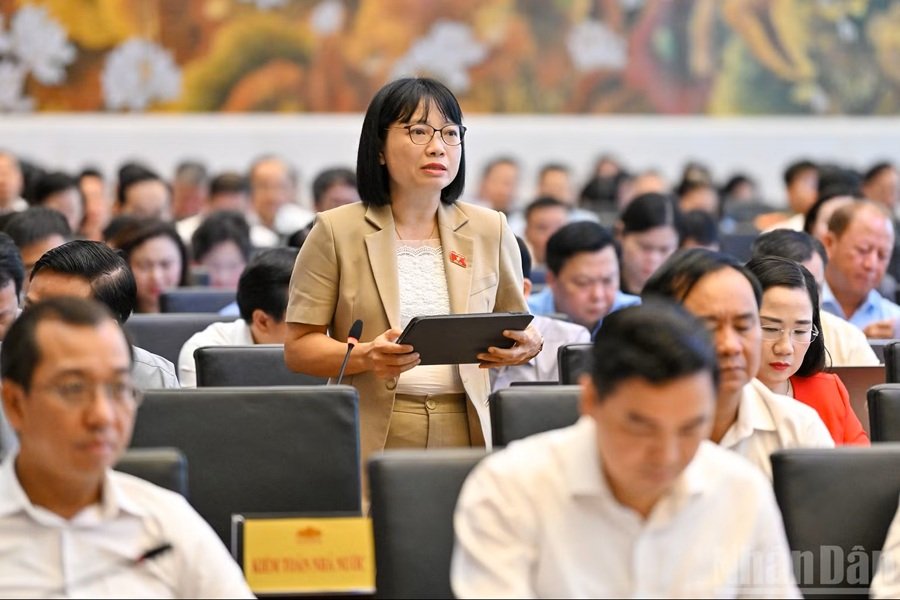 Đại biểu Nguyễn Thị Việt Nga (Đo&agrave;n Hải Ph&ograve;ng) ph&aacute;t biểu. (Ảnh: THỦY NGUY&Ecirc;N)